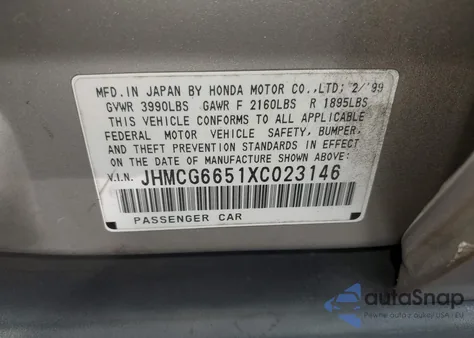 1999 Honda Accord Lx from USA, damaged, VIN JHMCG6651XC023146